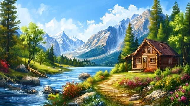 Idyllic countryside summer landscape with wooden old house near river, beautiful flowers and trees with mountains in the background, oil painting illustration.
