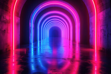 Abstract futuristic background, pink blue neon lights gate