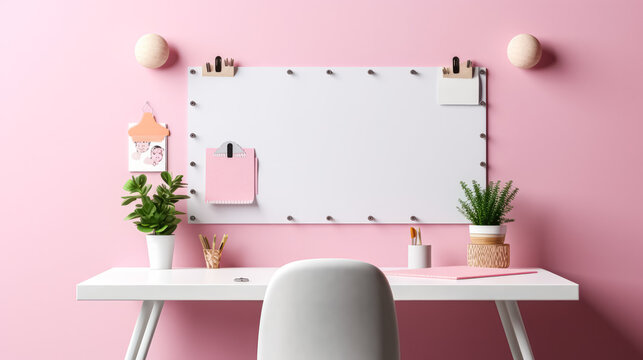 A stylish workplace adorned with a mood board against a pink wall