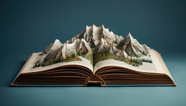 Open book with mountains on blue background. 3d render illustration.
