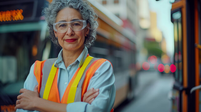 A confident bus driver in a safety vest stands with arms crossed next to the open door of a city bus, smiling warmly at the camera.
