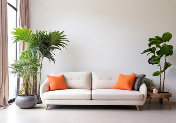 Sunny Comfort: Vibrant Modern Living Room with Orange Pillow, Sofa, and Plant against White Walls