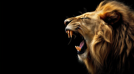 Side view closeup of a roaring male lion studio photography isolated on black background, powerful...
