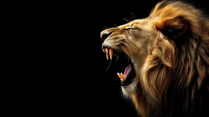 Poster Side view closeup of a roaring male lion studio photography isolated on black background, powerful wild cat, motivation and inspiration, self improvement and growth concept © Nemanja