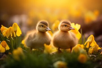 Spring flowers background. Happy Easter ducklings - Powered by Adobe