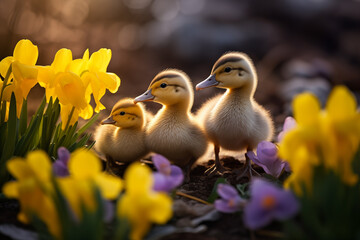 Spring flowers background. Happy Easter ducklings - obrazy, fototapety, plakaty