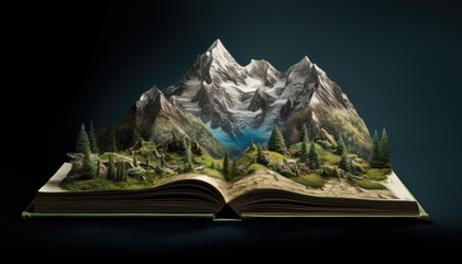 Open book with mountains on blue background. 3d render illustration.
