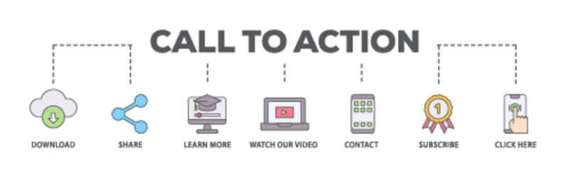 Call to action banner web icon illustration concept with icon of  click here, watch our video, subscribe, contact, learn more, share, download icon live stroke and easy to edit 
