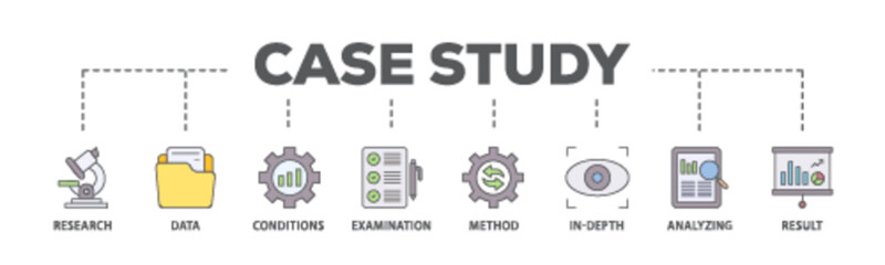 Case study banner web icon illustration concept with icon of research, data, conditions, examination, method, in depth, analyzing, and result icon live stroke and easy to edit 