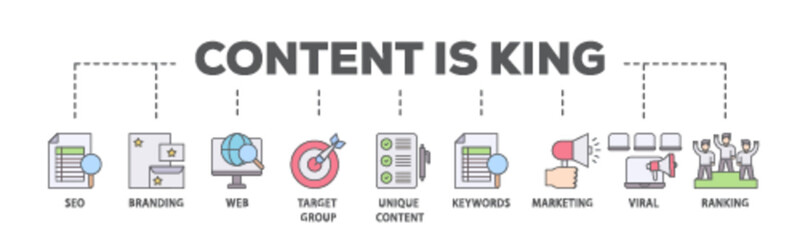 Content is king banner web icon illustration concept with icon of seo, branding, web, target group, unique content, keywords, marketing, viral and ranking icon live stroke and easy to edit 