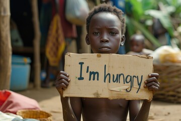 hungry dirty child sits holding a cardboard sign with a text "I'm hungry"