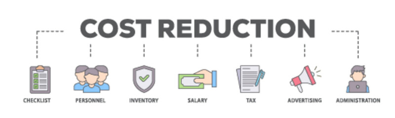 Cost reduction banner web icon illustration concept with icon of checklist, personnel, inventory, salary, tax, advertising and administration icon live stroke and easy to edit 