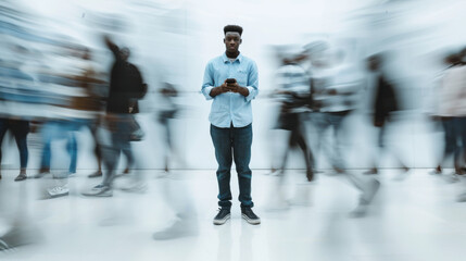 Obraz premium A young man stands still using his smartphone amidst a blurred motion of a busy crowd around him.