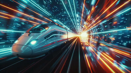 A 3D animation scene showing an innovative high speed train moving through a backdrop of vivid,...