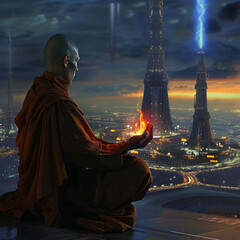 A contemplative monk engrossed in his spiritual exploration amidst a futuristic utopian landscape, with an ethereal fire burning in his hand, radiating enlightenment - obrazy, fototapety, plakaty