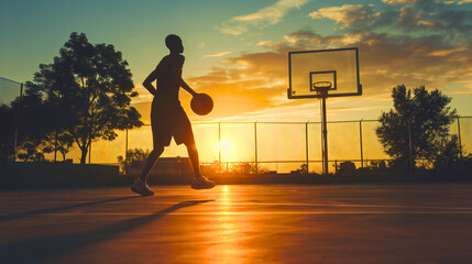 Silhouette of a young man or teenage boy playing basketball outdoors during the sunset, standing on the neighborhood park playground field or floor, looking at the hoop with rim, backboard and net