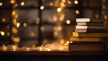 Open book on wooden table in front of bokeh lights background