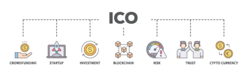 ICO banner web icon illustration concept with icon of crowdfunding, startup, investment, blockchain, risk, trust and cypto currency icon live stroke and easy to edit 