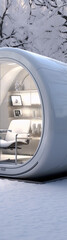 Futuristic white pod winter escape snowy landscape serene minimalist design.
