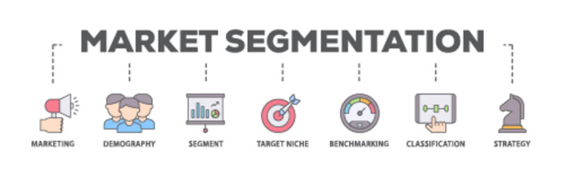 Market segmentation banner web icon illustration concept with icon of marketing, demography, segment, target niche, benchmarking, classification, strategy icon live stroke and easy to edit  - obrazy, fototapety, plakaty