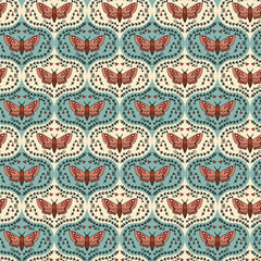 Fototapeta premium Hawk moth in leaves and flowers frame seamless pattern. Perfect print for tee, paper, textile and fabric. Doodle illustration.