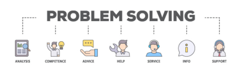 Problem solving banner web icon illustration concept with icon of analysis, critical thinking, creativity, emotional intelligence, research, team building  icon live stroke and easy to edit 