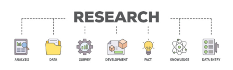 Research banner web icon illustration concept with icon of analysis, data, survey, development, fact, knowledge and data entry icon live stroke and easy to edit 