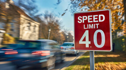 Sign on the side of the road daytime with text "SPEED LIMIT 40". Cars passing by blurred in motion. Prohibited driving behavior restriction, restriction plate, speed regulation, town traffic