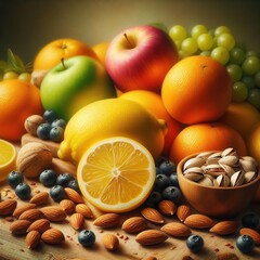 Modern colorful still life of fruits, nuts and grains