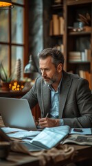 Fototapeta premium A focused man is working on a laptop in a cozy, book-lined room with warm lighting, generative ai