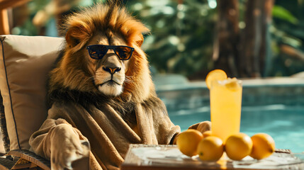 Funny lion animal wearing bath robe and sunglasses, resting and relaxing on a comfortable chair in...