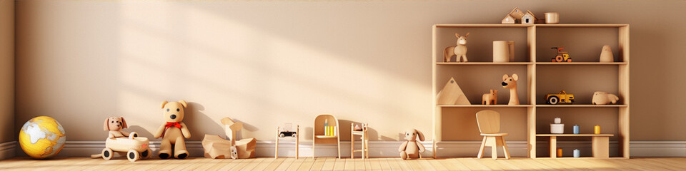 Rustic wooden toys and a bookshelf in a warm, light-filled room, perfect for a nursery or playroom. 
