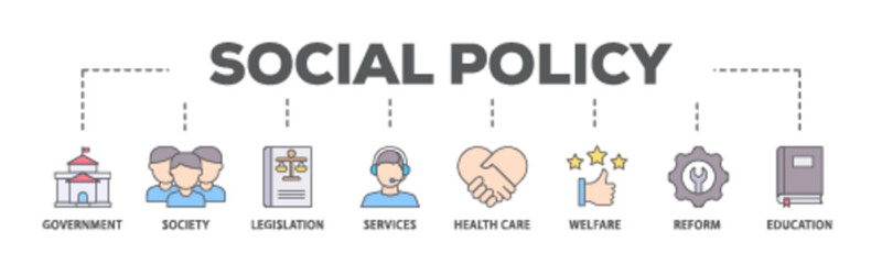 Social policy banner web icon illustration concept with icon of education, reform, services, welfare, health care ,legislation, society, government icon live stroke and easy to edit 