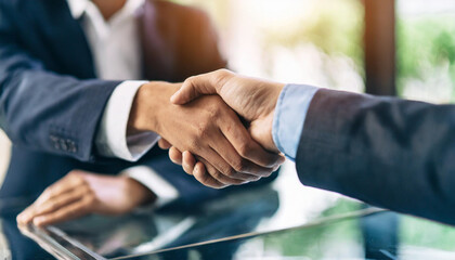 businesspeople shake hands over a sleek glass desk
