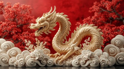 Obraz premium Golden dragon statue with intricate details amidst stylized clouds on a red floral background, generative ai