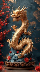 Obraz premium An intricate golden dragon sculpture entwined around blue clouds against a red berry and floral backdrop, generative ai