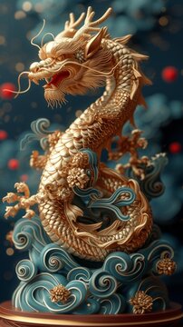 An ornate golden dragon sculpture winds above stylized blue waves against a dark background with red orbs, generative ai