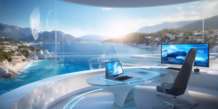 Futuristic office with a stunning ocean view, blue and white colors, modern design, concept of success and luxury, ideal for business and technology themes. 
