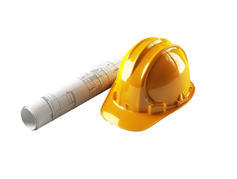 Building drawing blueprints with hat, Construction concept on white or transparent background