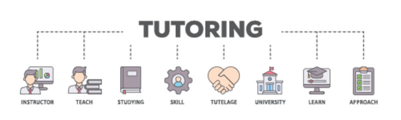 Tutoring banner web icon illustration concept with icon of approach, learn, skill, university, tutelage, studying, teach, instructor icon live stroke and easy to edit 