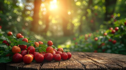 Fresh red apples on a wooden surface with a lush green forest and sunlight in the background, generative ai