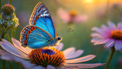Fototapeta na wymiar blue butterfly with rhombus-shaped wings pollinating a sunlit flower in close-up