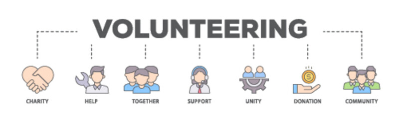 Volunteering banner web icon illustration concept with icon of charity, help, together, support, unity, donation, and community icon live stroke and easy to edit 