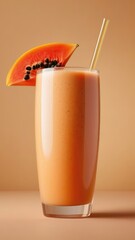 Glass with papaya smoothie, straw in the glass, the edge of the glass is decorated with a piece of papaya, vertical orientation, close-up, neutral beige background, 3D rendering. Healthy eating