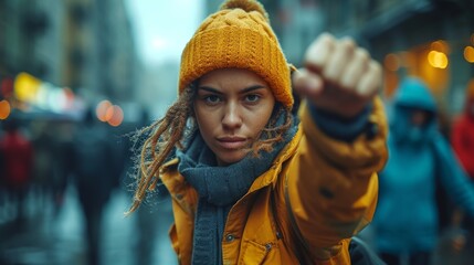 A woman in a yellow hat and jacket extends her fist, standing on a bustling city street, generative ai