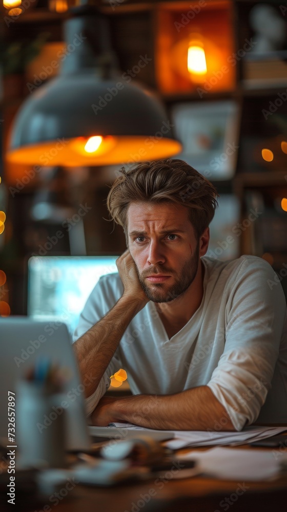 Poster a man with a beard appears contemplative in front of a computer in a cozy room, generative ai