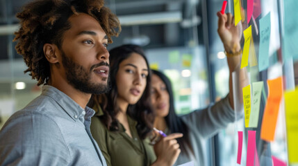 professionals in a brainstorming session, with a focus on a young man with curly hair pointing at sticky notes on a glass wall, indicating a collaborative work environment