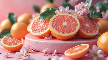 The image shows fresh cut grapefruit slices on a pink surface with blooming flowers around, generative ai
