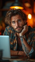 A man with glasses and tattoos looks pensively at the camera, resting his chin on his hand, generative ai