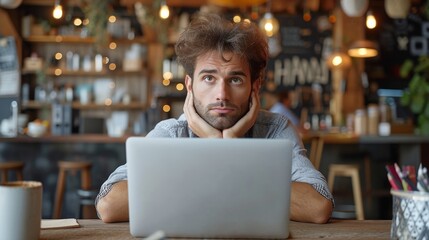 Obraz premium A man appears bored or thoughtful in front of a laptop at a cozy, decorated cafe, generative ai